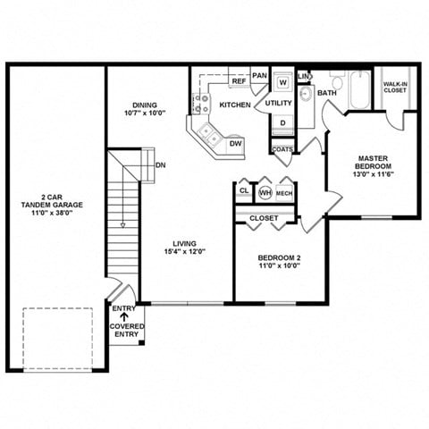 Floor plan for 2 beds, 1 bath, 1070 sqft